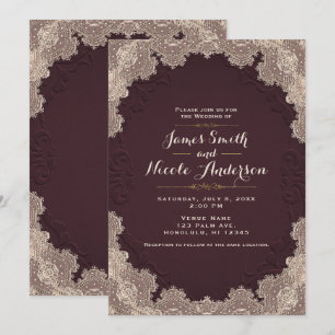 Invitation Cuir Vieilli Suède Brun Rouge Mariage à Dentelle