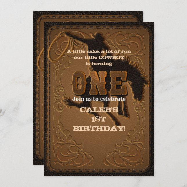 Invitation Cuir Western Wild West Cowboy 1ER 1er Anniversaire (Devant / Derrière)