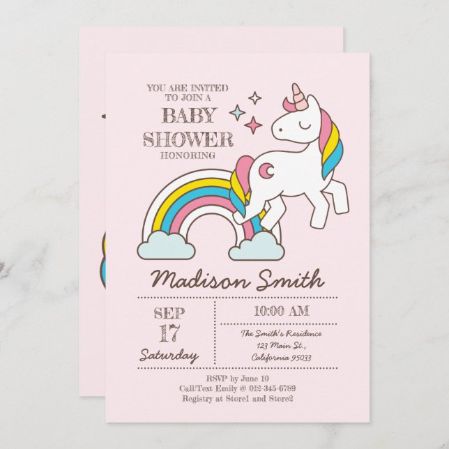 Invitation Cuisine Arc-En-Ciel Unicorn Et Baby shower De Spar (Devant / Derrière)