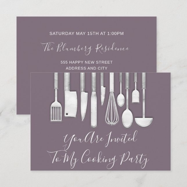 Invitation Cuisine de Chef de Fête Blanc Gris Violet Pourpre (Devant / Derrière)
