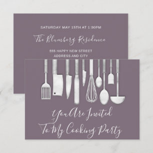 Invitation Cuisine de Chef de Fête Blanc Gris Violet Pourpre
