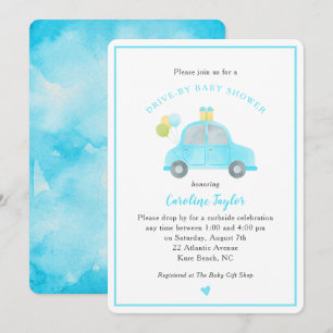 Invitation Cuisine Drive By Blue Car Balloons Boy Baby shower