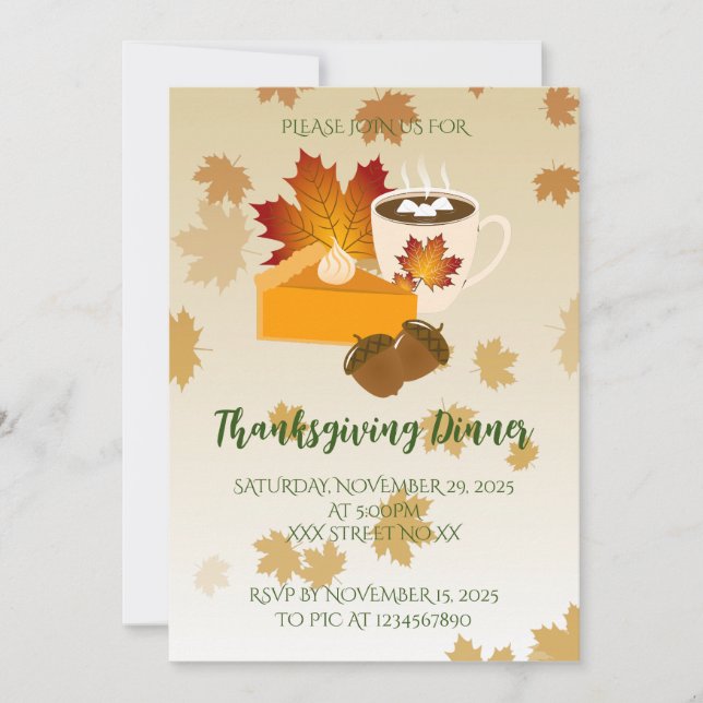Invitation Cuisine du dîner de Thanksgiving Tarte au potiron  (Devant)