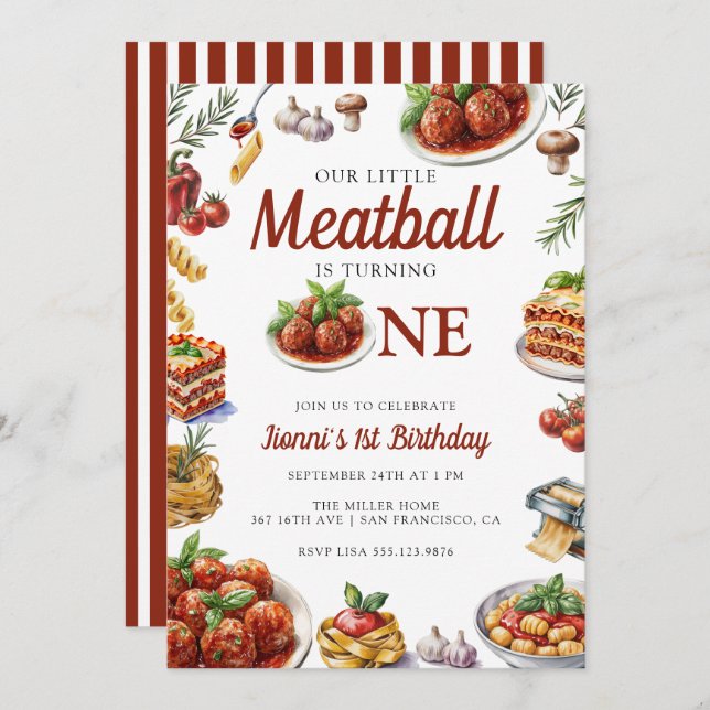 Invitation Cuisine italienne | Aquarelle 1er anniversaire (Devant / Derrière)