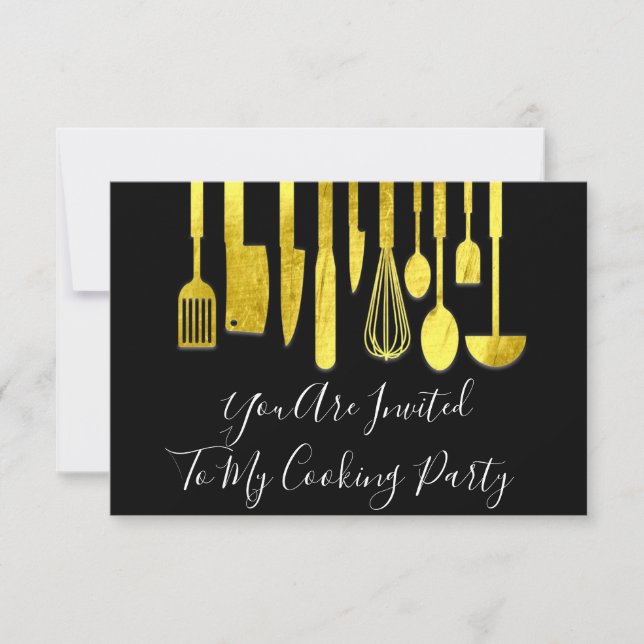 Invitation Cuisine Party Chef Golden Kitchen White Gold Uniqu (Devant)