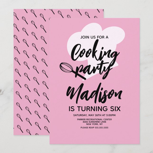 Invitation Cuisinier Chef Boulanger Fête d'anniversaire Rose (Devant / Derrière)
