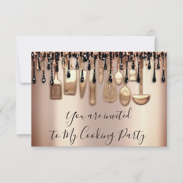 Invitation Cuisinier de fête Cuisine Chef Rose Gold Drips Noi (Devant)