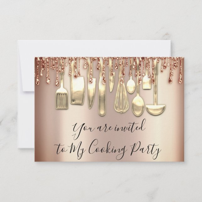 Invitation Cuisinier de fête de cuisine Chef Rose Gold Glitte (Devant)