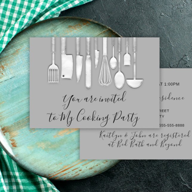 Invitation Cuisinier de fête de cuisine dorée grise argentée (Cooking Party Chef Golden Kitchen Gray Silver Invitation)