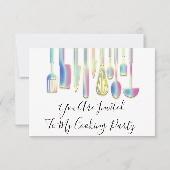 Invitation Cuisinier de fête dorée Cuisine blanche holographi (Devant)