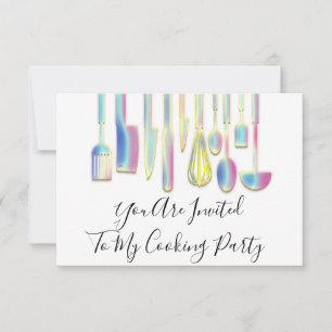 Invitation Cuisinier de fête dorée Cuisine blanche holographi