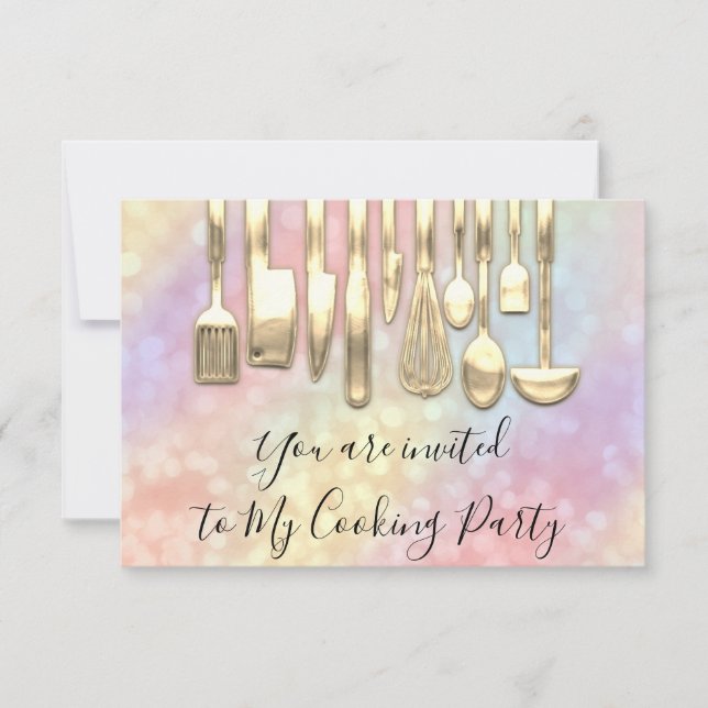 Invitation Cuisinier de fête holographique de cuisine dorée (Devant)