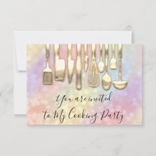 Invitation Cuisinier de fête holographique de cuisine dorée