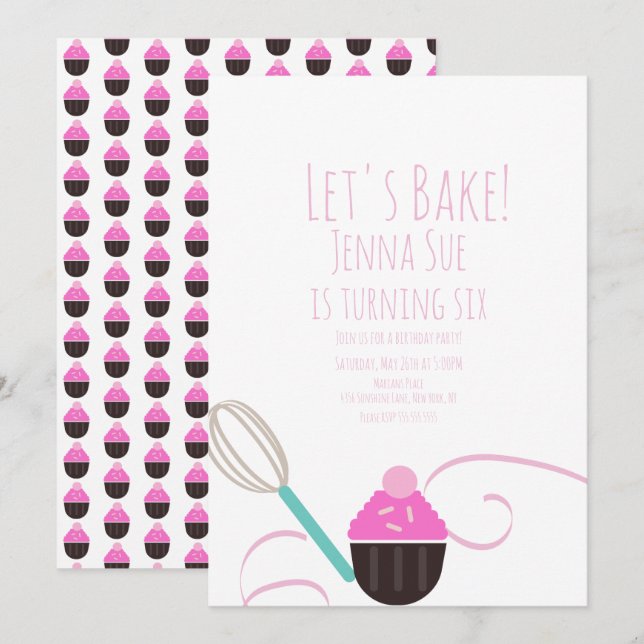 Invitation Cuisson Cupcake Décoration Anniversaire rose (Devant / Derrière)