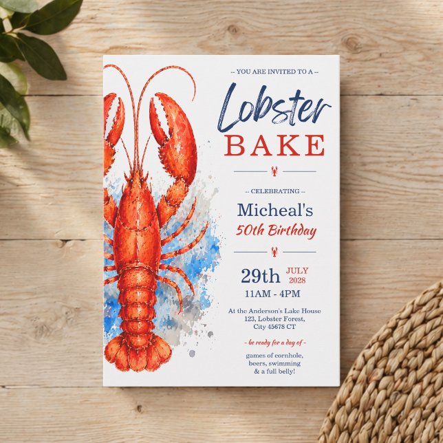 Invitation Cuisson de homard à l'aquarelle 50e anniversaire (Watercolor Lobster Bake 50th Birthday Invitation)