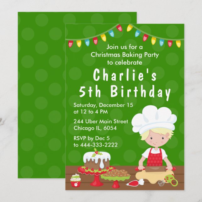 Invitation Cuisson de Noël Anniversaire Cheveux Blonds Garçon (Devant / Derrière)