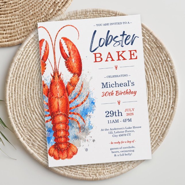 Invitation Cuisson du homard à l'aquarelle 30e anniversaire (Watercolor Lobster Bake 30th Birthday Invitation)