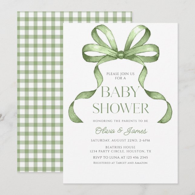 Invitation Cuite sauge vert Bow En vichy Baby shower (Devant / Derrière)