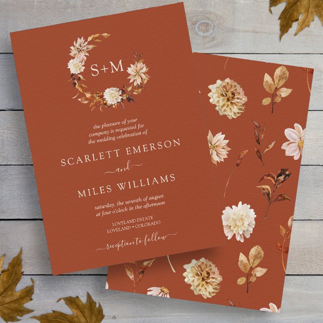 Invitation Cuivre Chute Terracotta Monogramme Mariage de cour (Copper Fall Terracotta Monogram Wreath Wedding Invitation by Painted Paperie
)