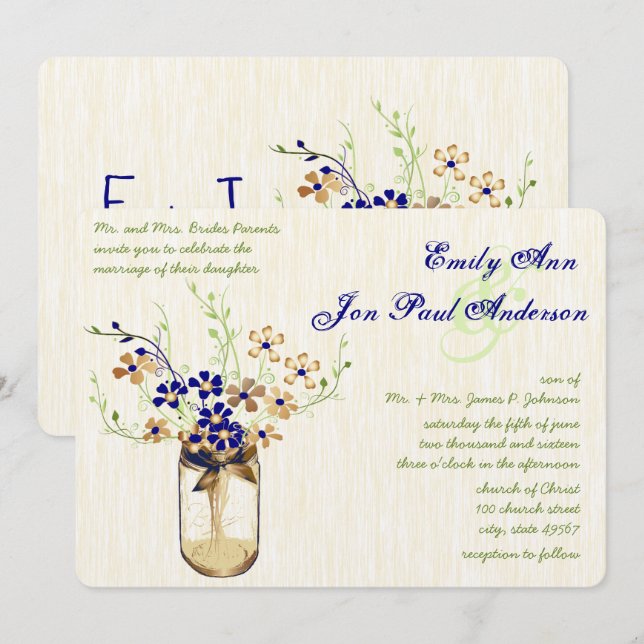 Invitation Cuivre de marine et fleurs sauvages de mason vert  (Devant / Derrière)