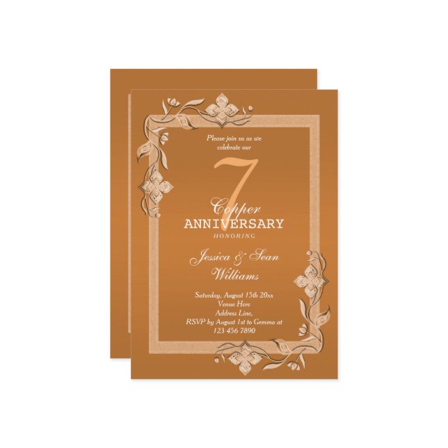 Invitation Cuivre Gemme & Paillettes 7e Anniversaire de Maria (Devant/Arrière en situation)