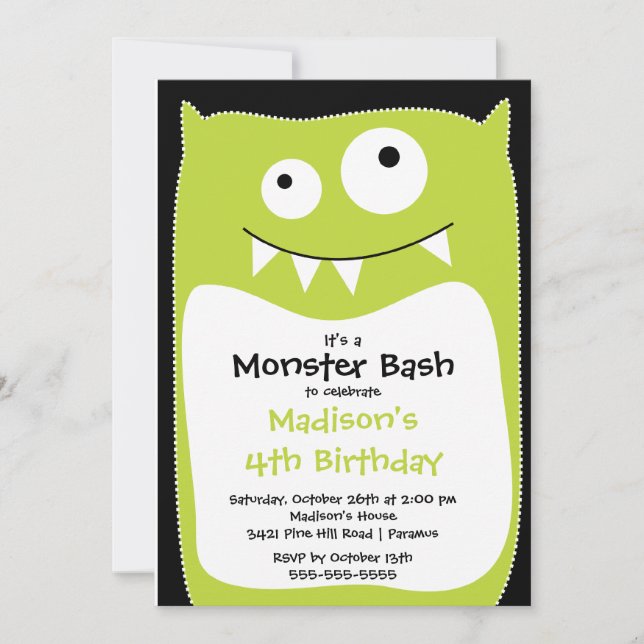 Invitation Cul-Petit-Monster Bash Fête d'anniversaire Lime (Devant)