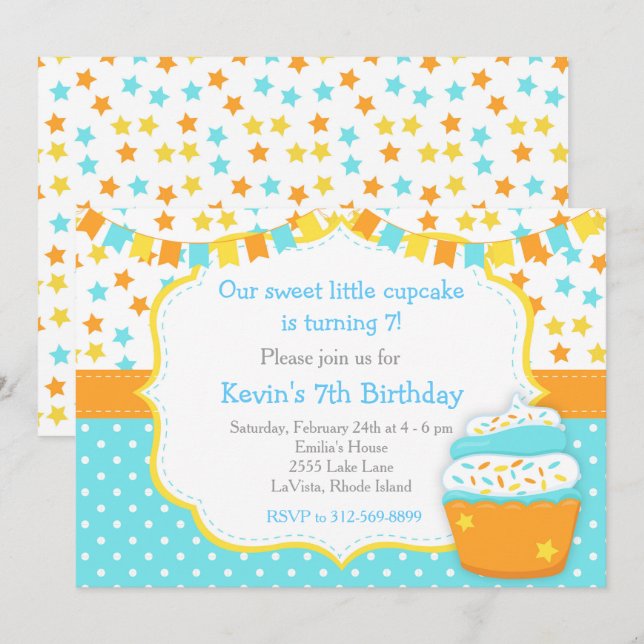Invitation Cupcake and Sprinkts Blue Birthday Party (Devant / Derrière)