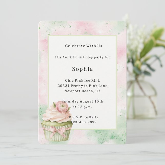 Invitation Cupcake Anniversaire Fleur Abstraite Menthe Rose   (Debout devant)