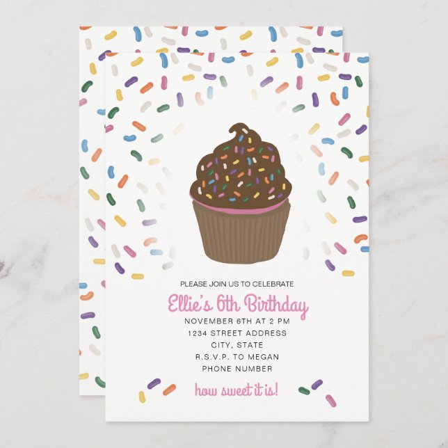 Invitation Cupcake avec pépites de couleur (Devant / Derrière)