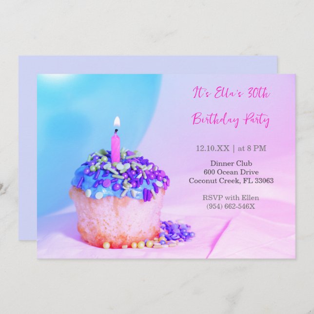 Invitation Cupcake bleu coloré 30e anniversaire coloré (Devant / Derrière)