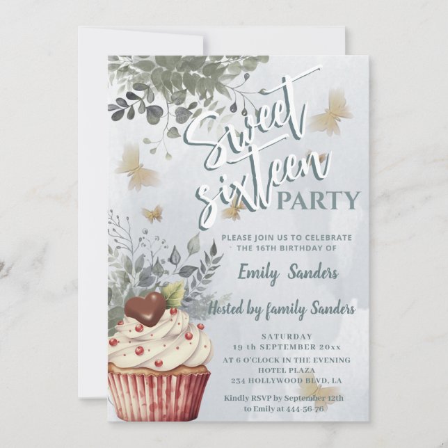 Invitation cupcake bleu-duvet d'eau vert (Devant)