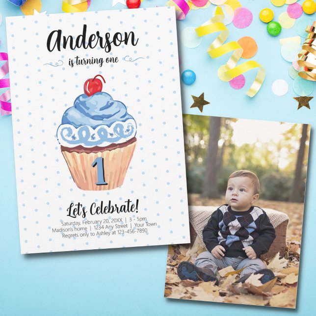 Invitation Cupcake Blue Boy Photo 1ère fête d'anniversaire (Créateur téléchargé)