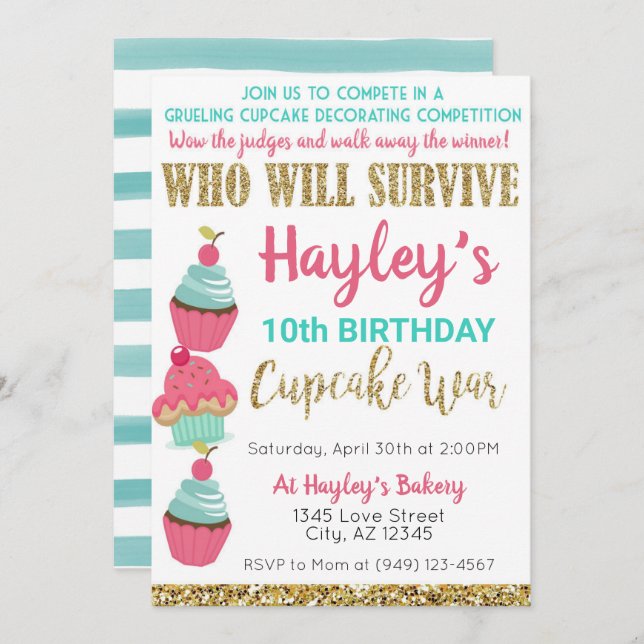 Invitation Cupcake Challenge Baking Pink & Mint Anniversaire (Devant / Derrière)
