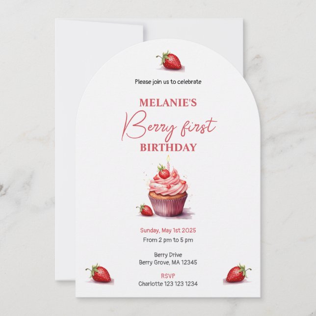 Invitation Cupcake d'aquarelle rose Berry premier anniversair (Devant)