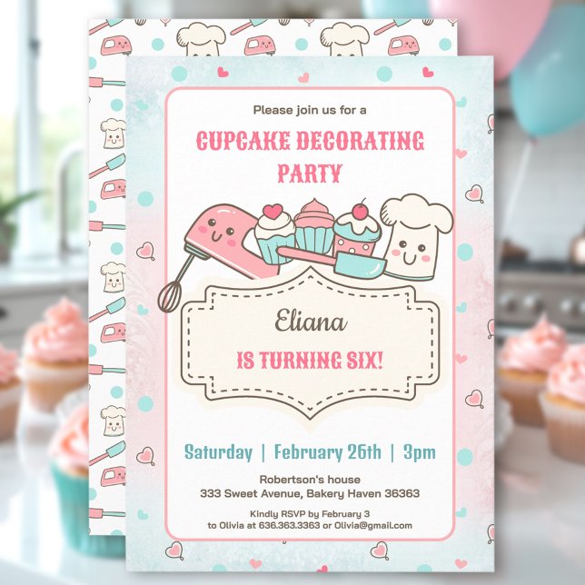 Invitation Cupcake Décoration Party Cute Baking Girl Annivers (Cupcake Decorating Party Cute Baking Girl Birthday Invitation)