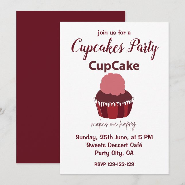 Invitation Cupcake Me Rend Heureux Fête de Cupcake (Devant / Derrière)