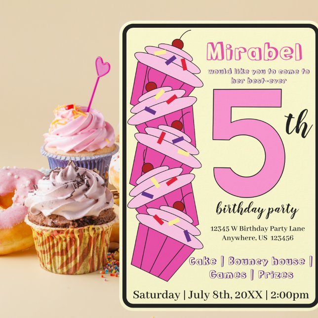 Invitation Cupcake rose 5e anniversaire de fête enfants (Créateur téléchargé)