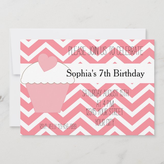 Invitation Cupcake rose et Chevron Anniversaire (Devant)