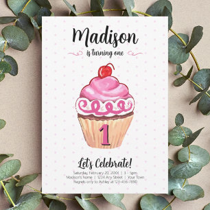 Invitation Cupcake Rose Girl Photo 1er anniversaire