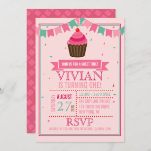 Invitation Cupcake rose sucré et vert/Premier anniversaire