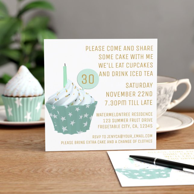 Invitation Cupcake Tea Party 30e anniversaire (Cupcakes and tea - what a lovely 30th birthday party it will be. Just add your details)