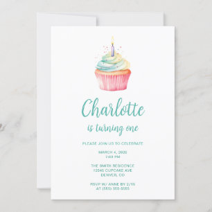 Invitation Cupcake turquoise et rose 1er anniversaire