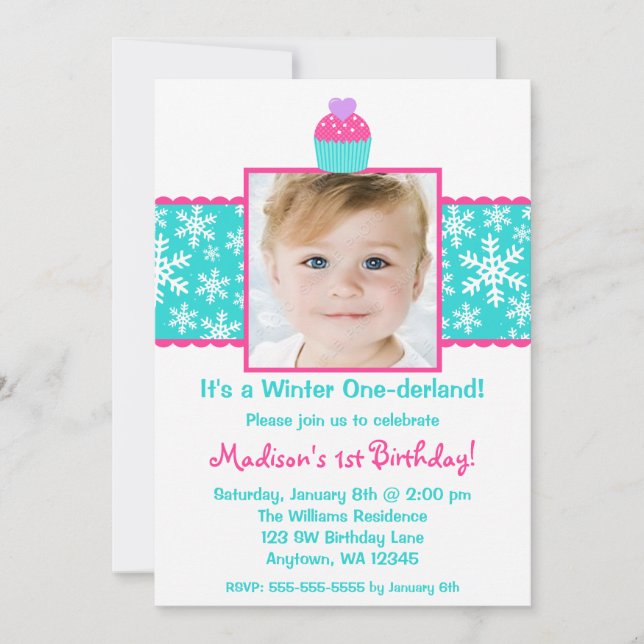 Invitation Cupcake Turquoise rose Snowflake Photo Anniversair (Devant)