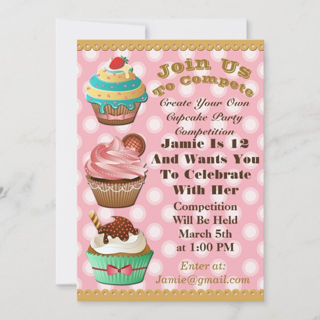 Invitation Cupcake Wars Bake Off Anniversaire Pink Polka Invi (Devant)