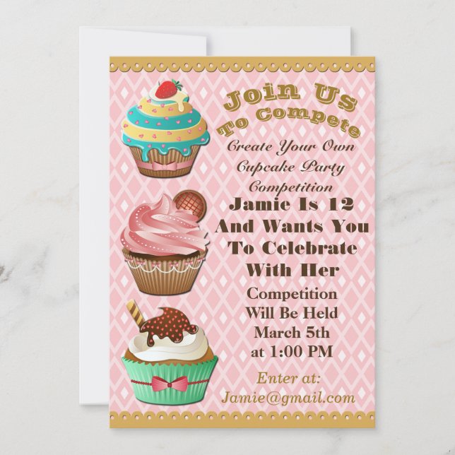 Invitation Cupcake Wars Bake Off Anniversaire Rose Diamond In (Devant)