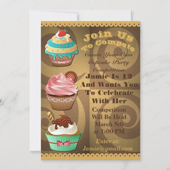 Invitation Cupcake Wars Bake Off Birthday Gold Swirl Invitati (Devant)