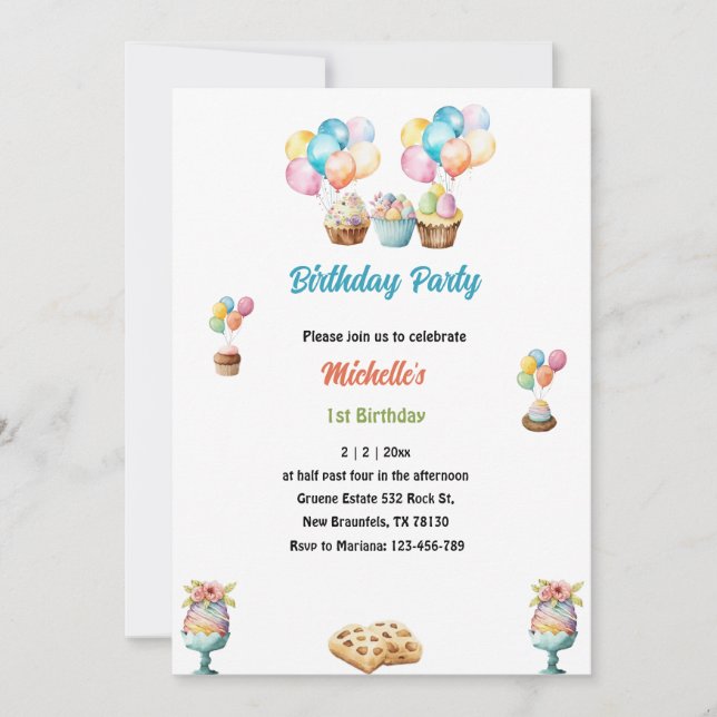 Invitation cupcakes à l'aquarelle 1er anniversaire (Devant)