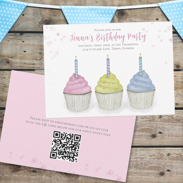 Invitation Cupcakes à l'aquarelle mignonne Whimsical Party QR (Créateur téléchargé)