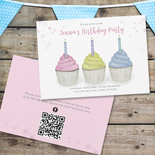 Invitation Cupcakes Aquarelle Cute QR Code Médias sociaux (Créateur téléchargé)