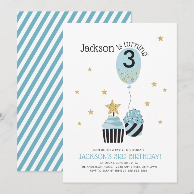 Invitation Cupcakes & Balloon Faux Parties scintillant Annive (Devant / Derrière)